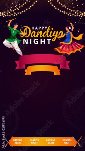 People playing Dandiya in disco Garba Night banner poster for Navratri Dussehra festival of India