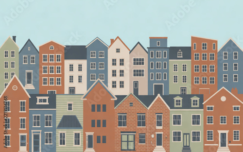 Flat vector illustration of a row of colorful urban residential houses