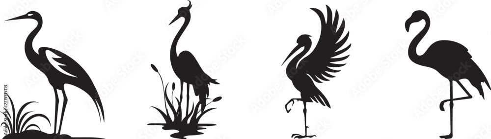Fototapeta premium Set of black bird silhouettes featuring cranes and a flamingo for