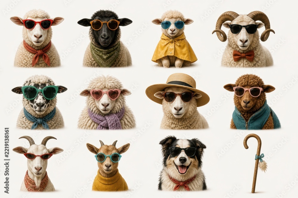 Naklejka premium Stylish farm animals wearing sunglasses and scarves collage