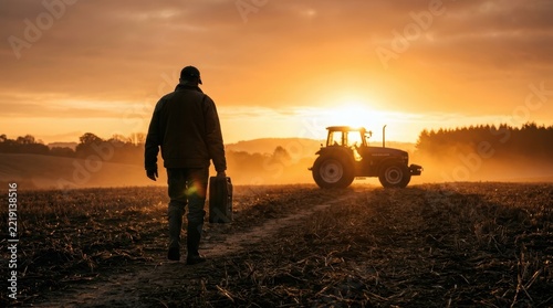 Farmer walking across a field carrying a fuel can towards a tractor at sunrise farming