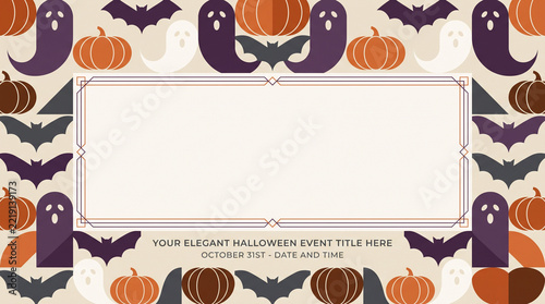 Halloween vector background displays cute ghosts and pumpkins around a frame.