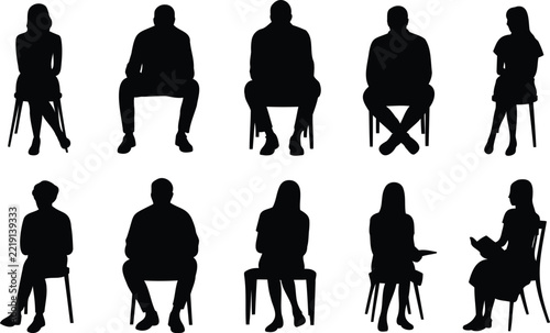Set of diverse people silhouettes sitting on chairs isolated on white background