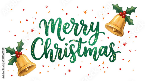 Watercolor illustration depicts golden bells adorned with holly and festive lettering for a merry christmas greeting goldenbell christmasbells hollyleaves christmasornament