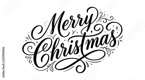 Elegant black calligraphy lettering spells out merry christmas with flourishes and decorative swirls on a white background handwritten script typography