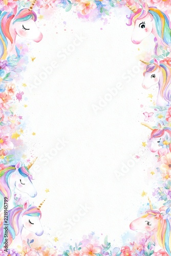 Pastel watercolor unicorn edge artwork for children's books and print projects