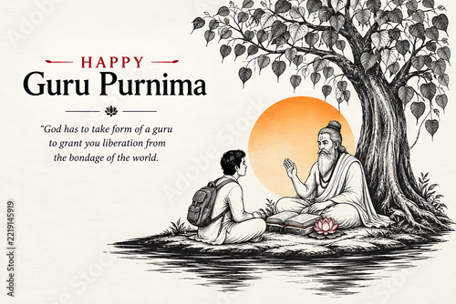 Line art illustration of venerable guru teaching young student seated under large banyan tree beside river with golden sun backdrop and festival greeting text.