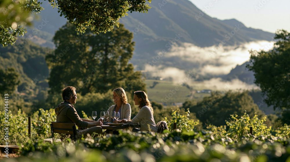 Naklejka premium a wooden table in a vineyard. The setting is bathed in the warm glow of the setting sun, casting a golden hue over the lush greenery and rolling hills in the background.