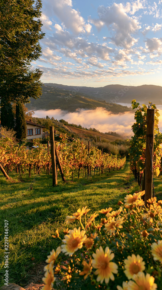 Naklejka premium a serene countryside scene during golden hour. The main subject is a vineyard with rows of grapevines in full bloom, their vibrant green leaves contrasting with the golden hues of the setting sun.