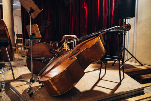 Backstage jazz vibes with a double bass on a wooden platform