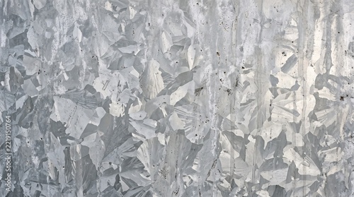 Galvanized steel texture background, weathered zinc metal sheet with crystalline spangle pattern, silver gray industrial surface with rust specks and grunge scratches