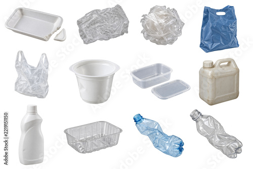 Plastic waste set. Items that could be recycled for plastics cut out on white background.