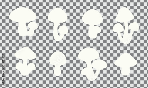A collection of various white mushroom silhouettes arranged in a set isolated on transparent background