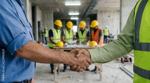 Professional construction handshake on industrial site, engineers partnership agreement, building team collaboration in yellow safety vests
