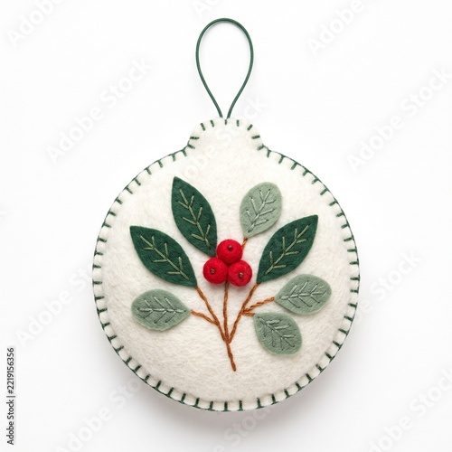 Handmade White Felt Christmas Ornament with Green Stitched Border and Berries.