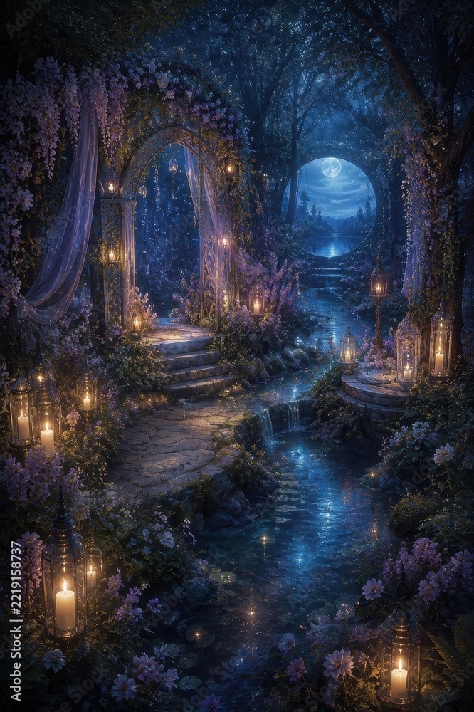 Fototapeta premium Enchanting moonlit garden portal, lanterns, flowers, stream