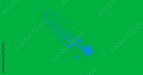 Blue star emerging top left traveling diagonally trailing neon trail and scattering sparkles
