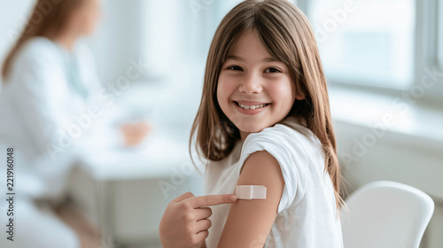 Young Woman Showing Bandage After Vaccination in Clinic	