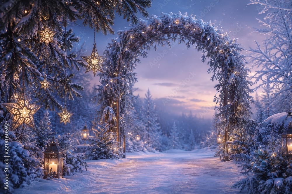 Fototapeta premium Enchanting snowy forest arch with glowing star lanterns