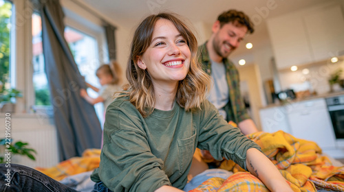 Family preparing an apartment for the first cold night by closing insulated curtains, checking heating and arranging warm blankets, cozy evening atmosphere, authentic candid lifestyle photography --
