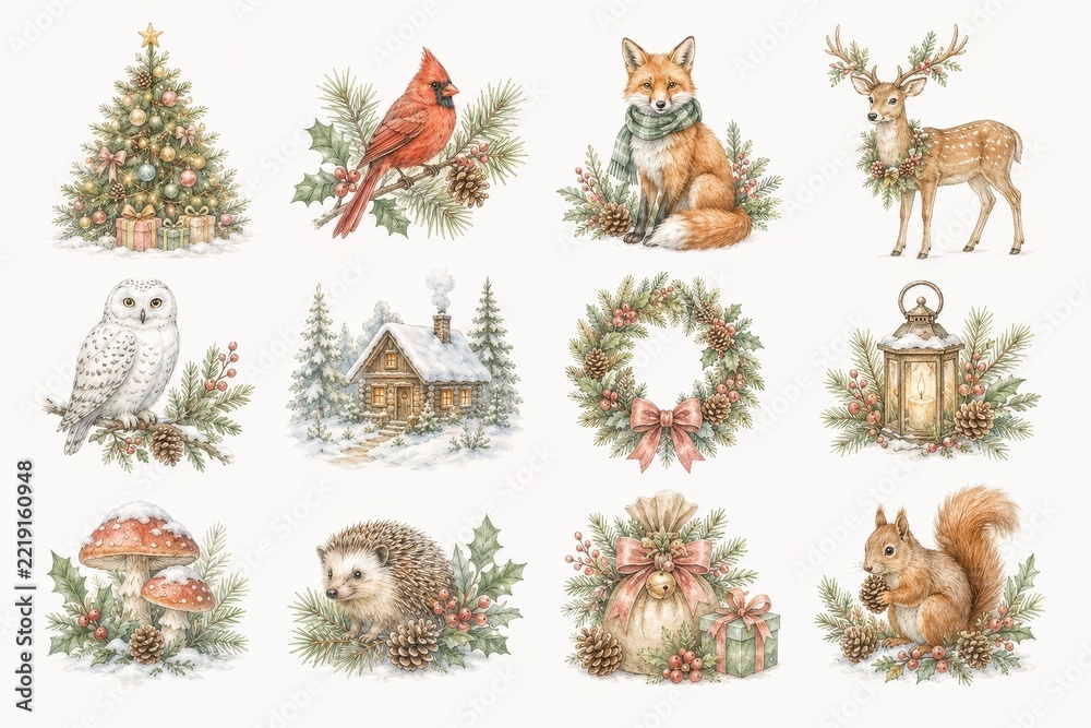 Fototapeta premium Christmas watercolor woodland animals, wreath, lantern and cabin