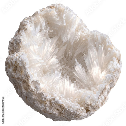 White scolecite crystal cluster on natural rock matrix