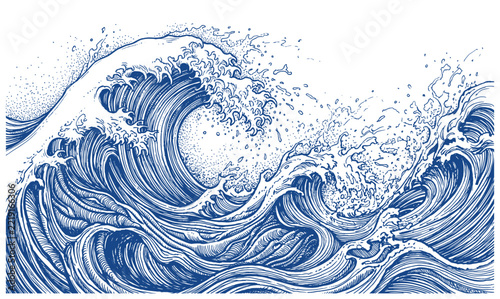 ocean waves with splashing water in hand-drawn doodle sketch style