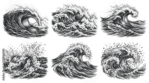 Vintage wave illustration ocean waves cresting water sea splash foam curl nature marine coast dynamic energy drawing engraving art
