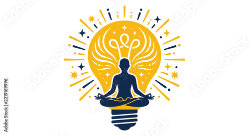 Silhouette of meditating person inside a yellow lightbulb vector illustration