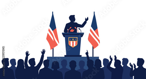 Silhouette of a speaker at a podium with an audience and american flags