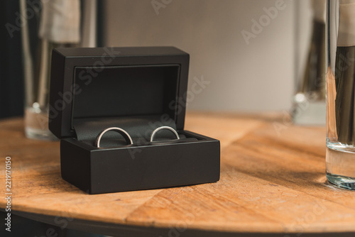 Wedding rings in a box, silver marriage bands white gold jewellery