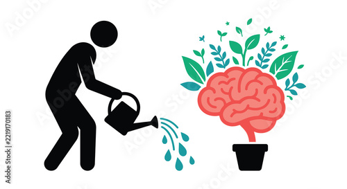 Silhouette of person watering brain shaped like plant with leaves