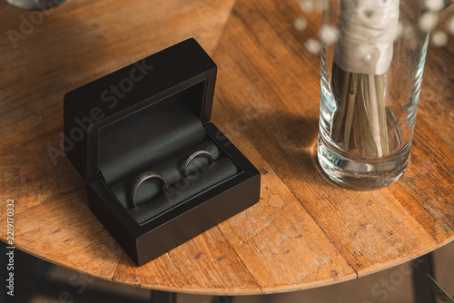 Wedding rings in a box, silver marriage bands white gold jewellery