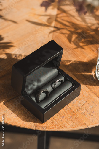Wedding rings in a box, silver marriage bands white gold jewellery