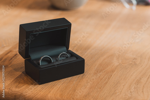 Wedding rings in a box, silver marriage bands white gold jewellery