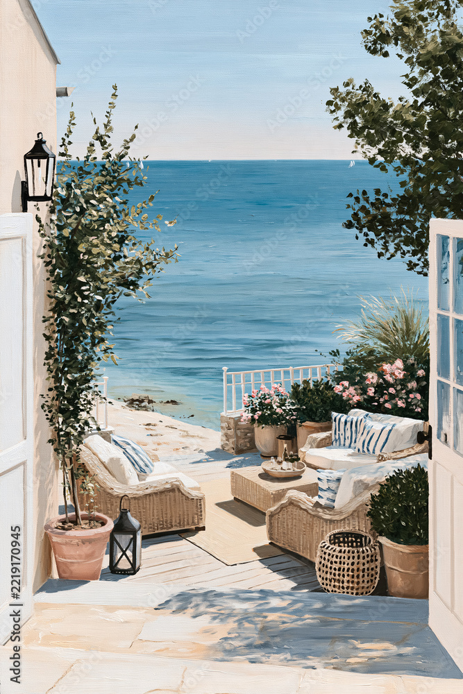 Fototapeta premium Inviting outdoor patio set up for relaxation, featuring wicker furniture, plants, and a stunning view of the sparkling Mediterranean sea