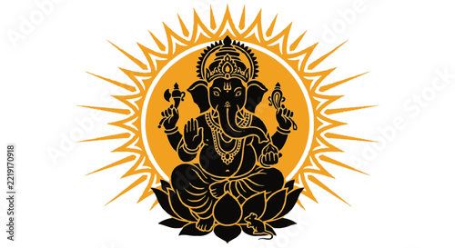 Ganesha silhouette with sunburst background a black and gold illustration