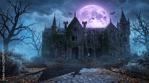 Haunted castle illuminated by a glowing purple full moon under dark mystical storm clouds.