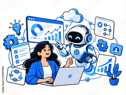 Businesswoman Collaborating with AI Robot for Digital Workflow Automation