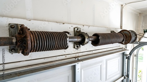 A broken garage door torsion spring showing a clear snap in the metal coil, indicating a need for professional repair and maintenance