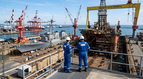 Engineers inspecting a naval shipyard with a destroyer and an oil rig under construction