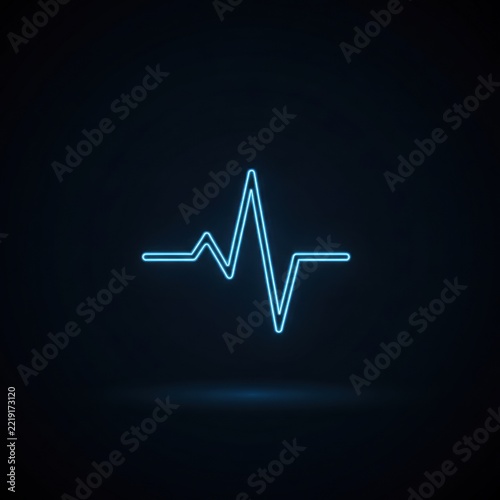 Glowing blue neon heartbeat pulse line icon on a dark background representing medical monitoring, health technology, and life signs, concept of vitality and medical monitoring