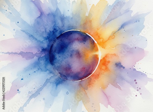 Abstract watercolor illustration of a solar eclipse with vibrant blue, purple, and orange paint splashes radiating from a central dark sphere, concept of celestial energy and cosmic transformation