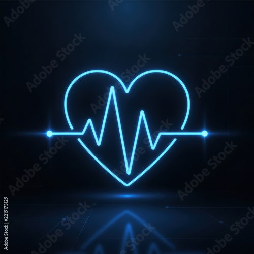 Glowing neon blue heart rate monitor icon with heartbeat line on a dark digital background, representing cardiovascular health and medical technology, concept of cardiovascular health and digital medi