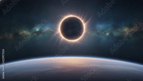 Total solar eclipse seen from space with the sun's corona glowing behind the moon over the earth's atmosphere and a starry galaxy background, concept of cosmic wonder and celestial alignment