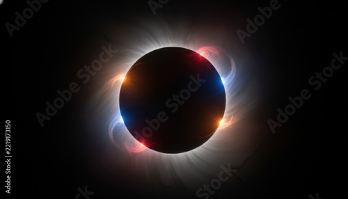 Total solar eclipse with a glowing white corona and colorful light flares against a dark black sky background, concept of cosmic wonder and celestial alignment