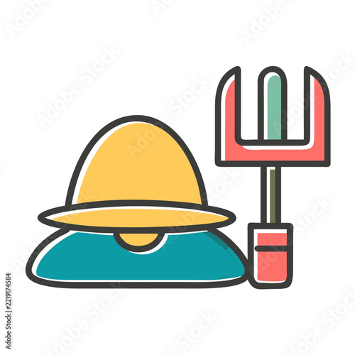 Gardener's hat with pitchfork icon in a colorful flat style
