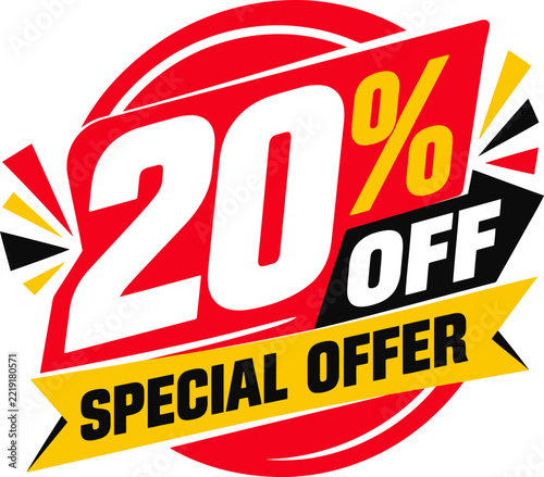 Twenty percent off special offer promotional typography vector badge, red and yellow discount sale label graphic.   