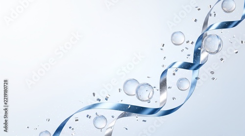 Elegant blue ribbon flowing gracefully with bubbles and confetti