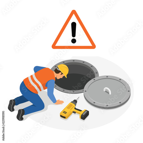 Worker repairing a sewer manhole with warning sign isolated on white background, Vector, illustration